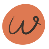 logomark a hand-painted cursive W, contained inside a solid pastel orange hand-made elipse.